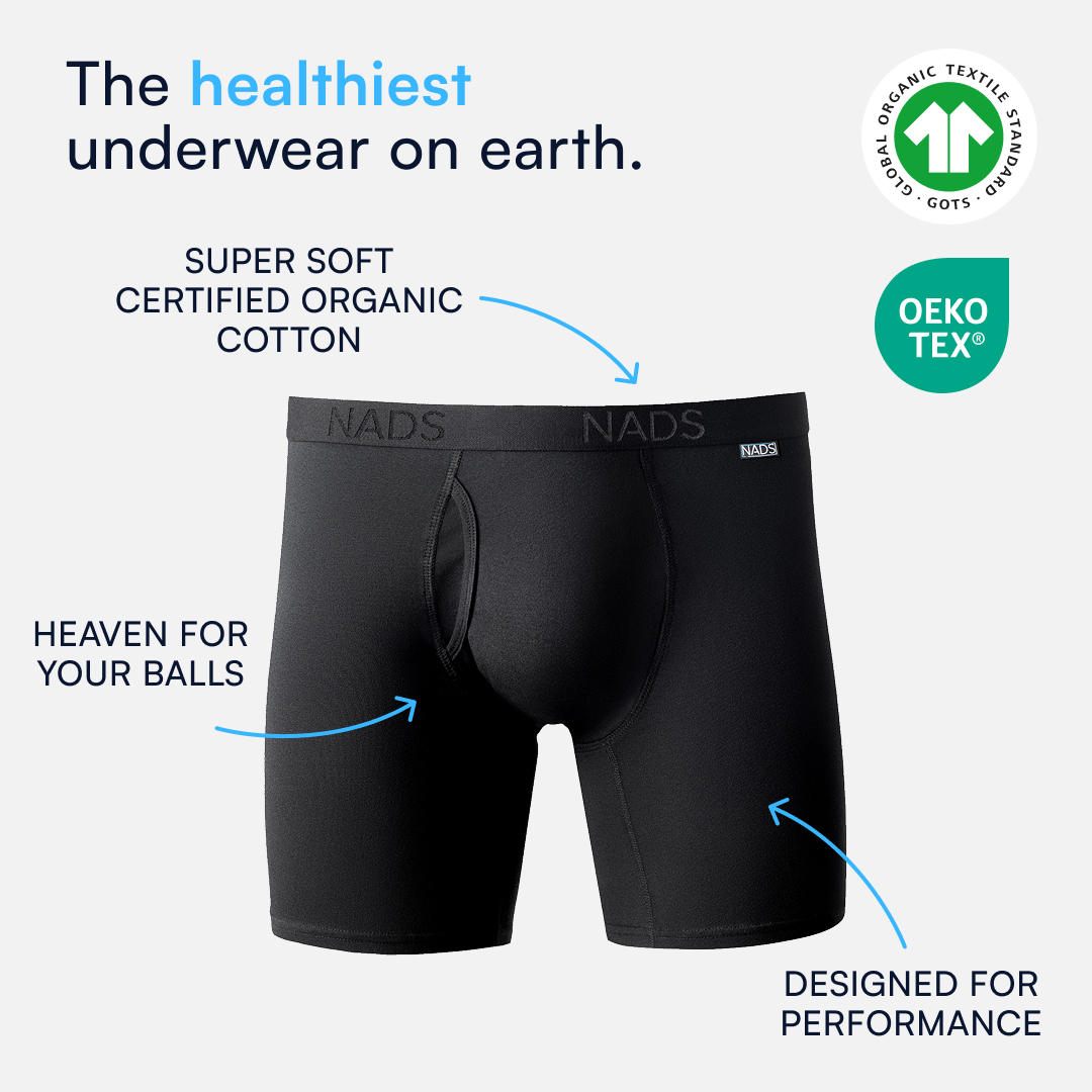 Pair of Organic Boxer Briefs in Black describing it as the healthiest underwear on earth with the OEKO Tex and GOTS certification labels. Other messaging includes: Super Soft Certified Organic Cotton, Heaven for your Balls and Designed for Performance