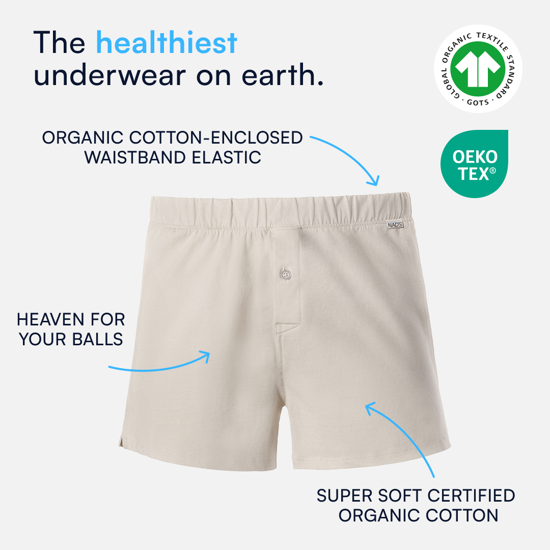 Natural NADS boxer shorts with text highlighting organic cotton waistband, super soft certified organic cotton, and health-focused benefits. Includes GOTS and OEKO-TEX certification logos