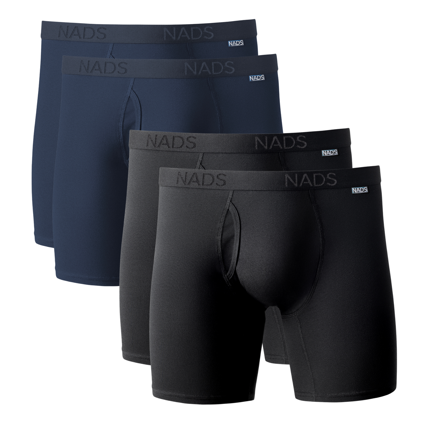 Four pairs of NADS men's underwear in black and navy on a white background