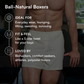 Man wearing natural-colored boxers with overlay text describing ‘Ball-Natural Boxers’ as ideal for everyday wear, breathable comfort, and loved by athletes and comfort seekers.