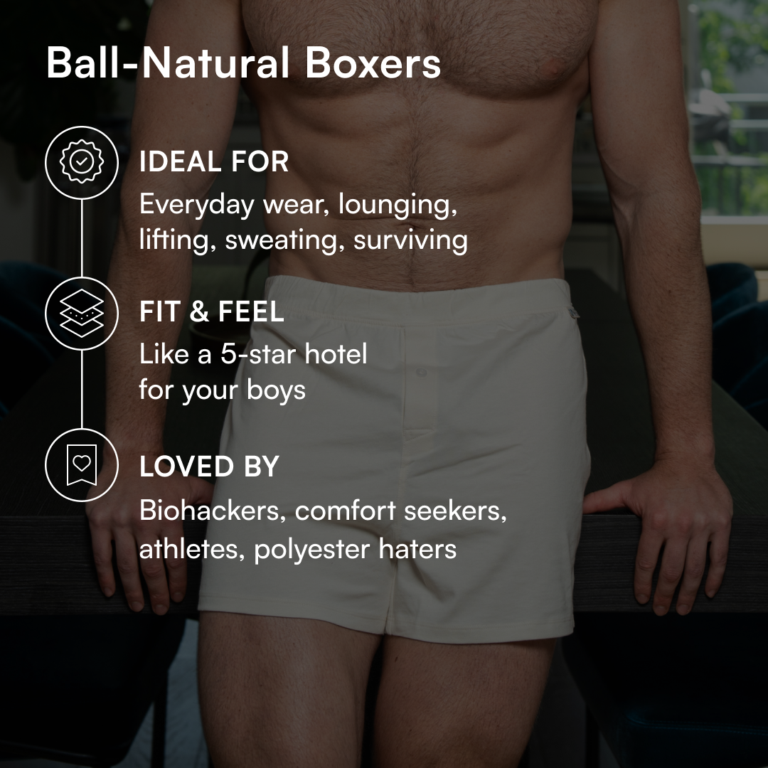 Man wearing natural-colored boxers with overlay text describing ‘Ball-Natural Boxers’ as ideal for everyday wear, breathable comfort, and loved by athletes and comfort seekers.