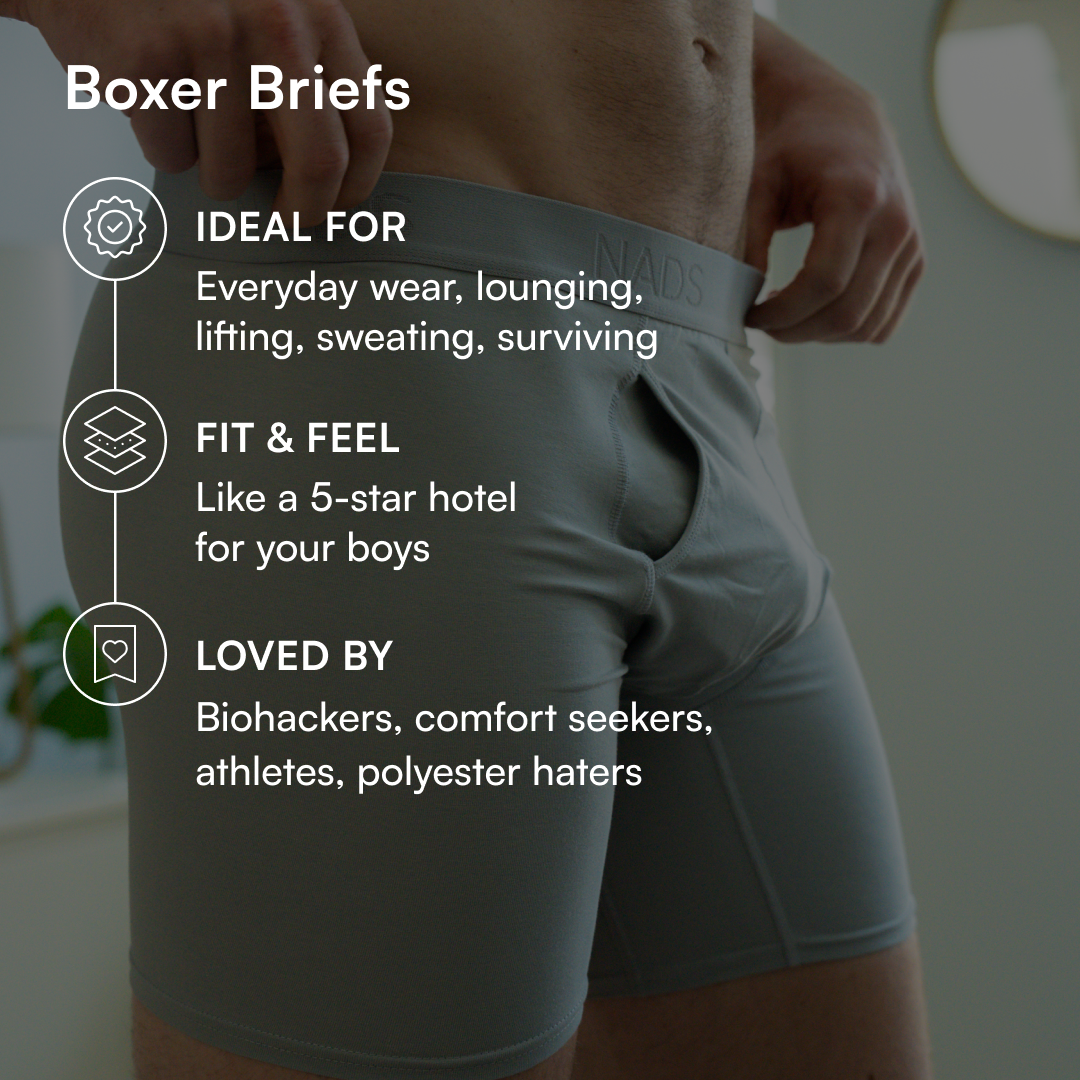 Boxer Briefs: ideal for everyday wear, lounging, lifting, sweating, surviving. 

Fit & Feel like a 5-star hotel for your boys

Love by biohackers, comfort seekers, athletes, polyester haters