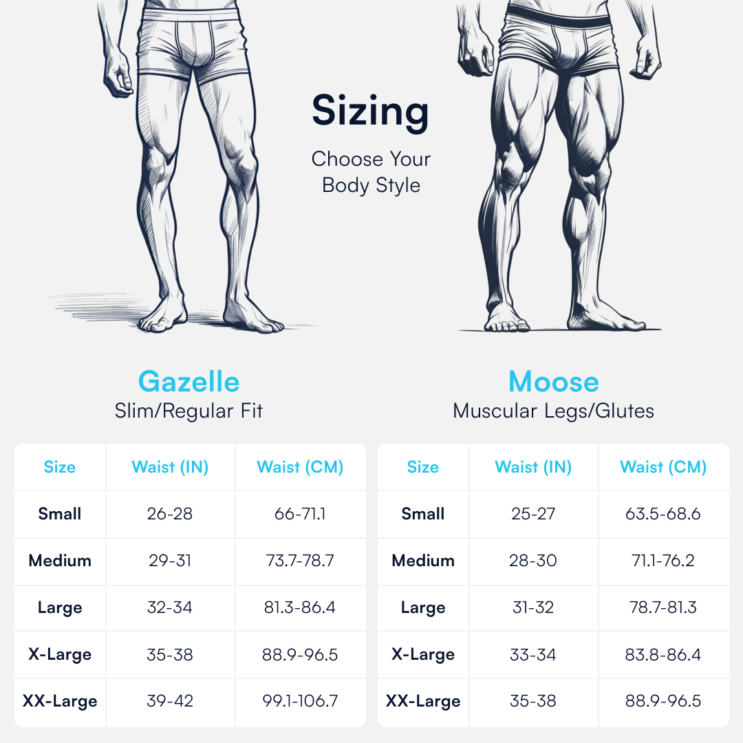 Sizing Chart. Slim Regular Fit Legs recommendations are: 

Small: 26 - 28"
Medium" 29 - 31"
Large: 32 - 34"
X-Large: 35 - 38"
XXL: 29 - 42"

For Larger legs:
Small: 25 - 27"
Medium: 28 - 30"
Large: 31 - 32"
XL: 33-34"
XXL: 35 - 38"