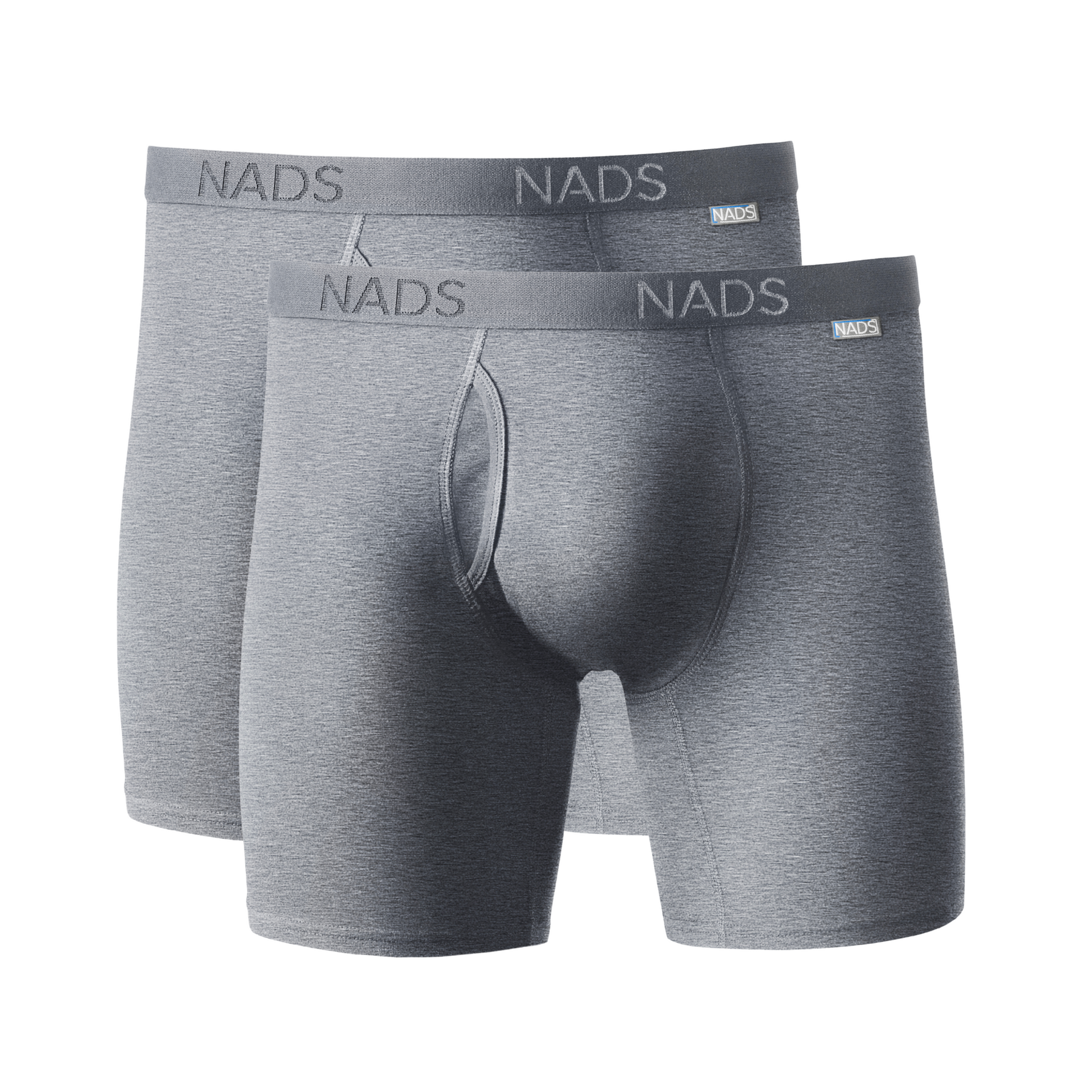 Two pairs of gray men's boxer briefs with 'NADS' branding on a white background.