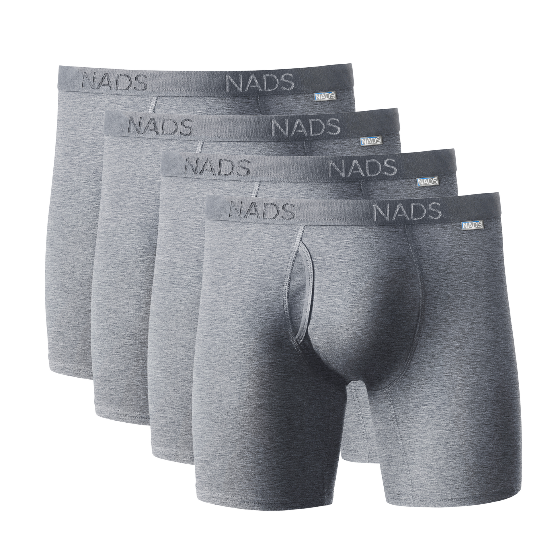 Four pairs of gray NADS boxer briefs on a white background