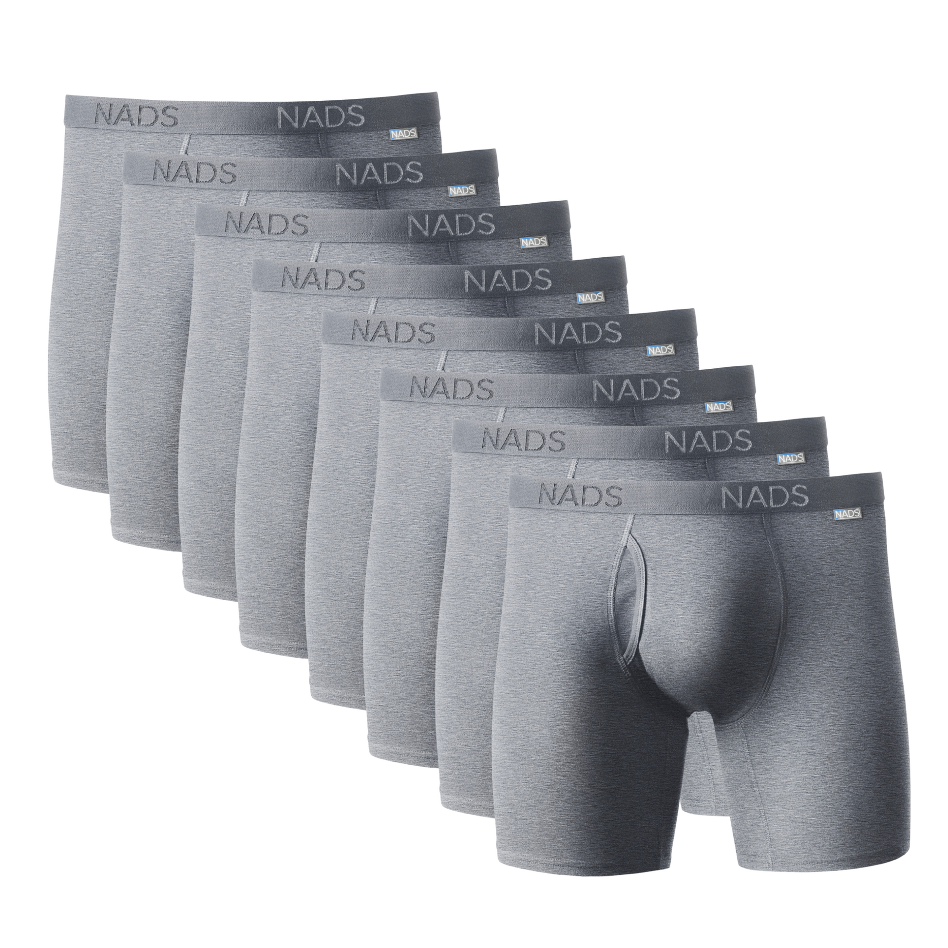 Eight pairs of gray NADS boxer briefs on a white background